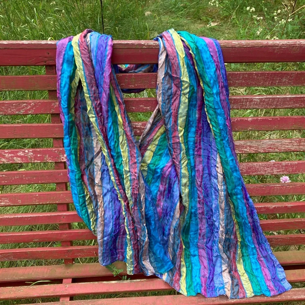 ARTISAN Scarf Reversesible Crinkle Silk Colorful Blue Purple Green Pink Yellow
